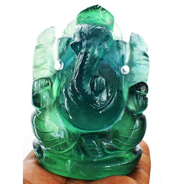 gemsmore:Beautiful Green Fluorite Hand Carved Lord Ganesha Idol