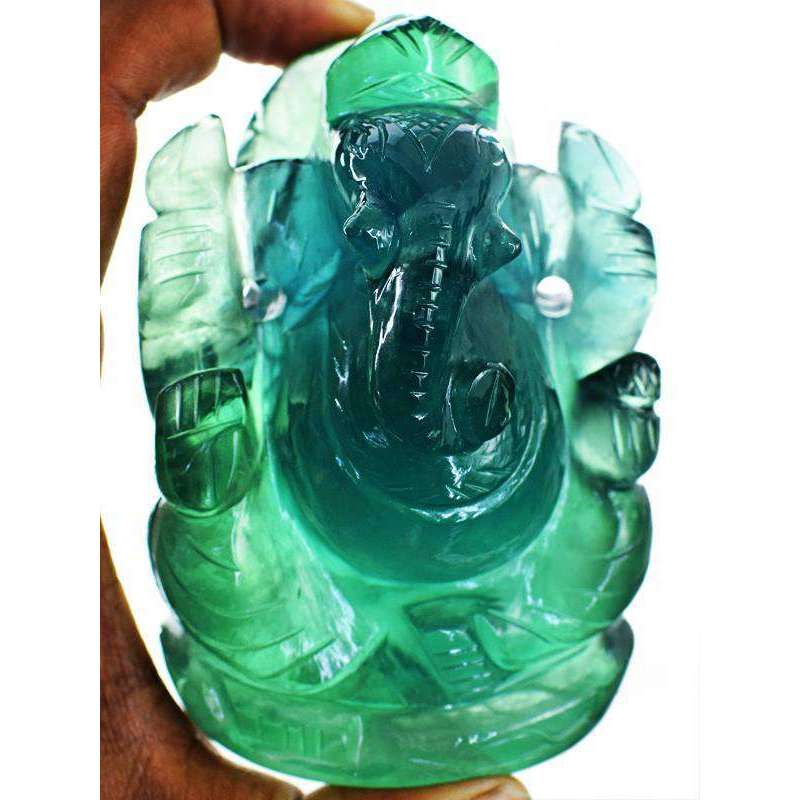 gemsmore:Beautiful Green Fluorite Hand Carved Lord Ganesha Idol