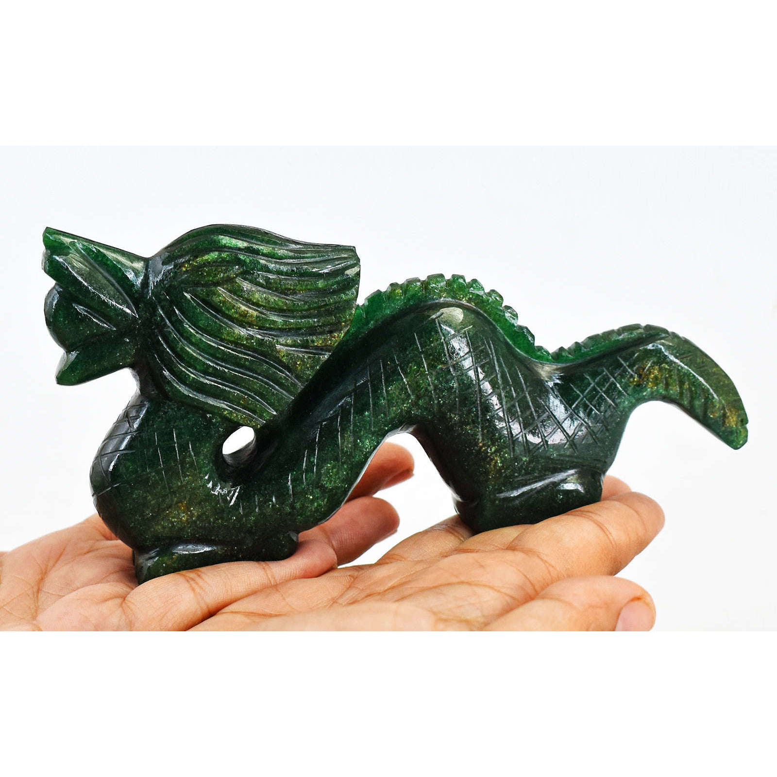 gemsmore:Beautiful  Green Jade Artisian Hand Carved Gemstone Dragon