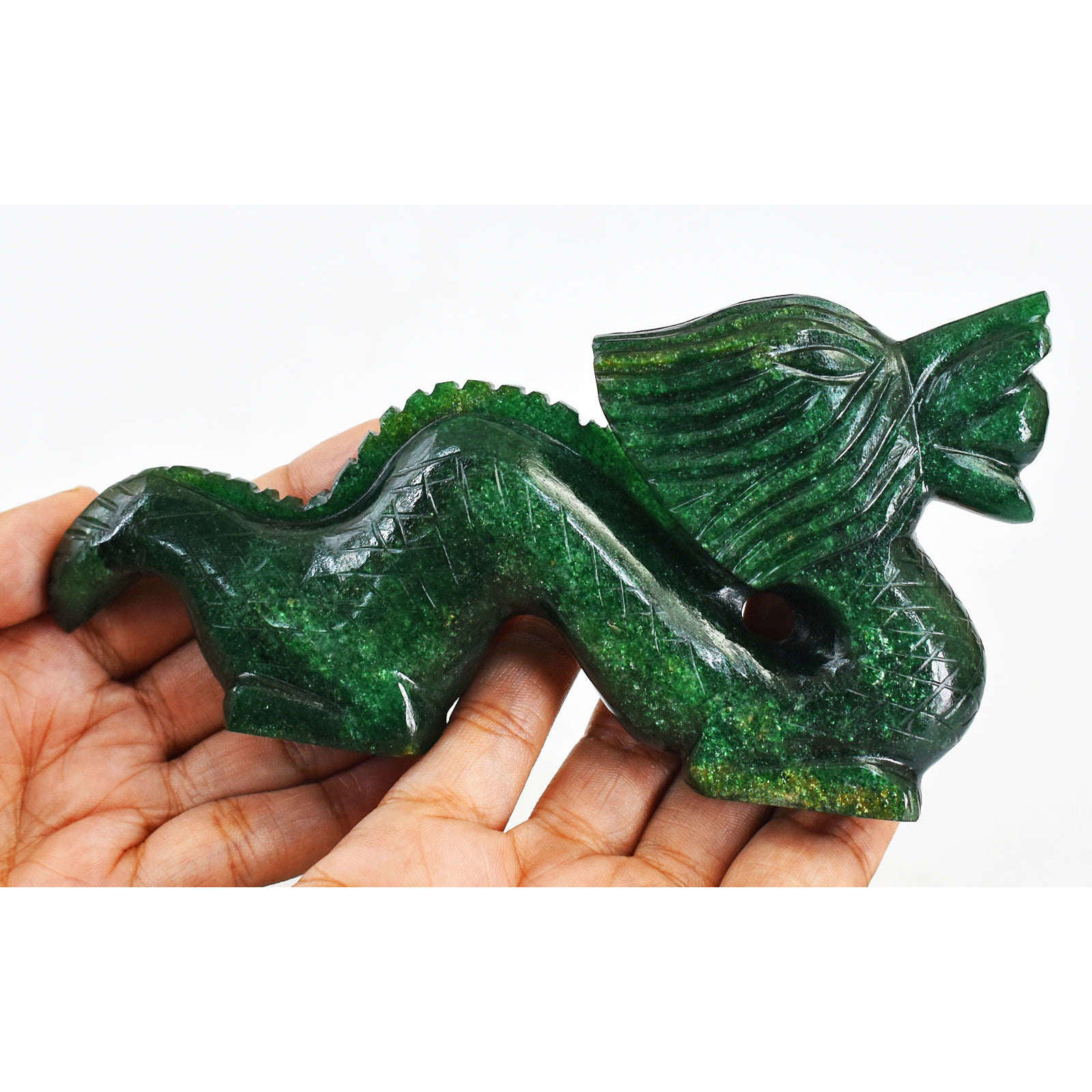 gemsmore:Beautiful  Green Jade Artisian Hand Carved Gemstone Dragon