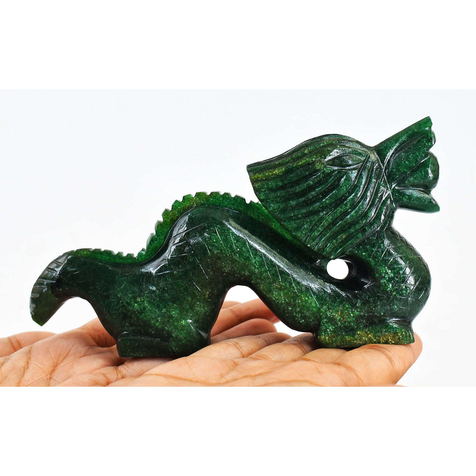 gemsmore:Beautiful  Green Jade Artisian Hand Carved Gemstone Dragon