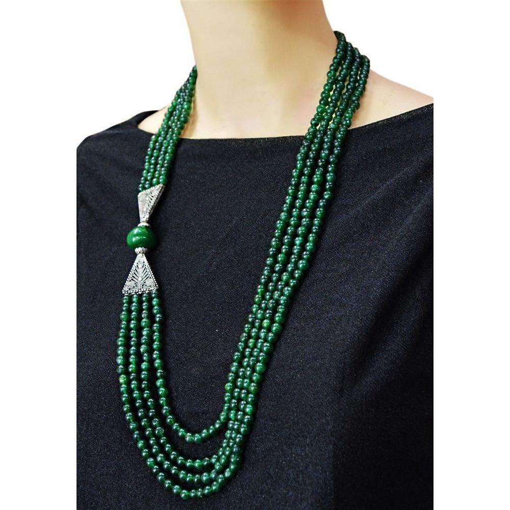 gemsmore:Beautiful Green Jade Necklace Natural 4 Strand Round Shape Beads