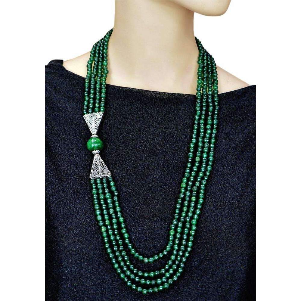 gemsmore:Beautiful Green Jade Necklace Natural 4 Strand Round Shape Beads