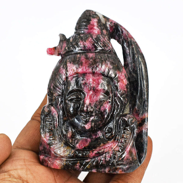 gemsmore:Beautiful Hand Carved Rhodonite Lord Shiva Head Gemstone