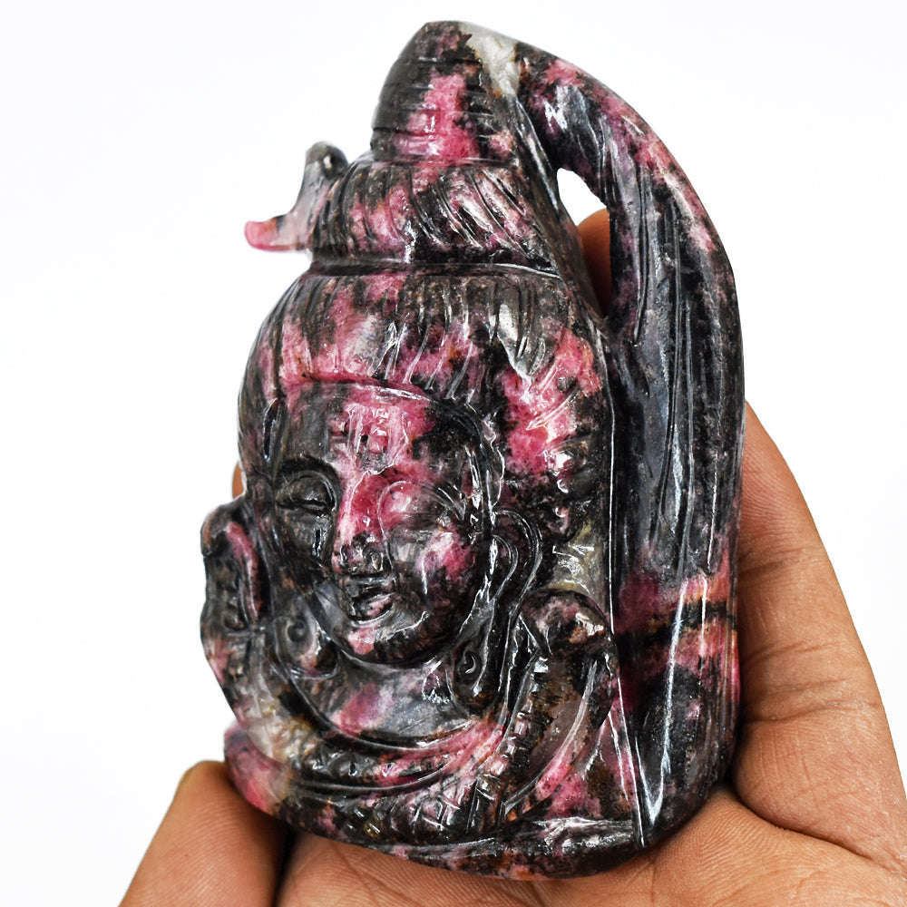 gemsmore:Beautiful Hand Carved Rhodonite Lord Shiva Head Gemstone