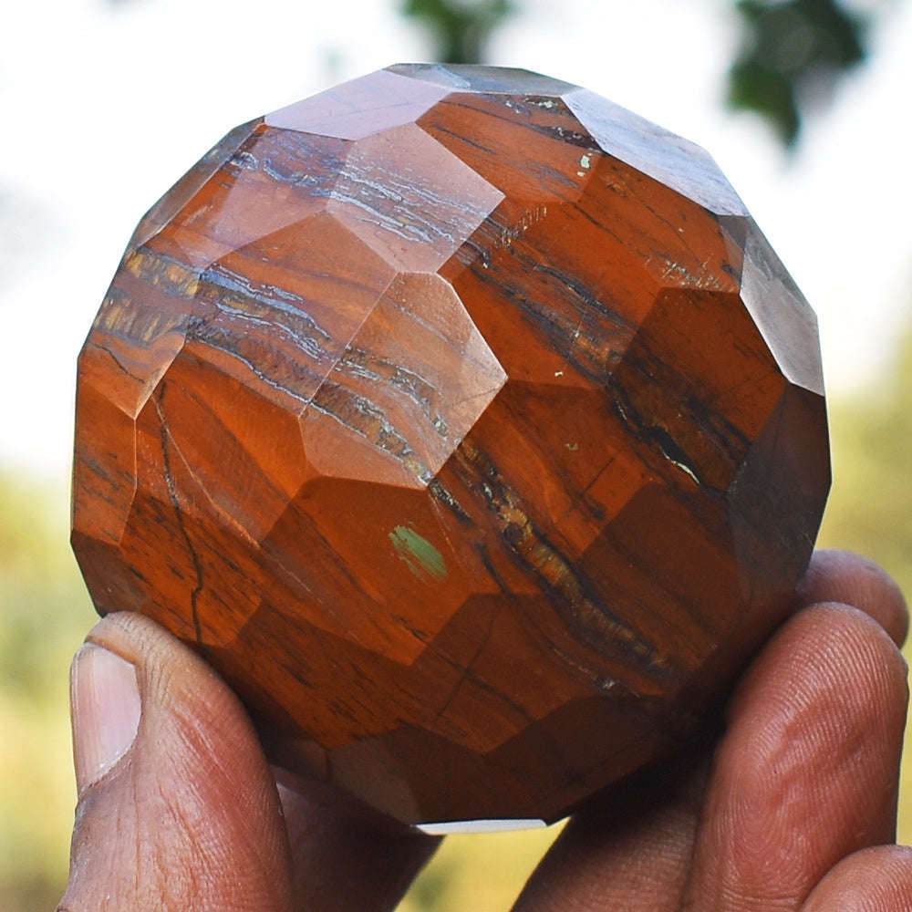 gemsmore:Beautiful Iron Tiger  Eye Hand Carved Faceted Healing Crystal Sphere