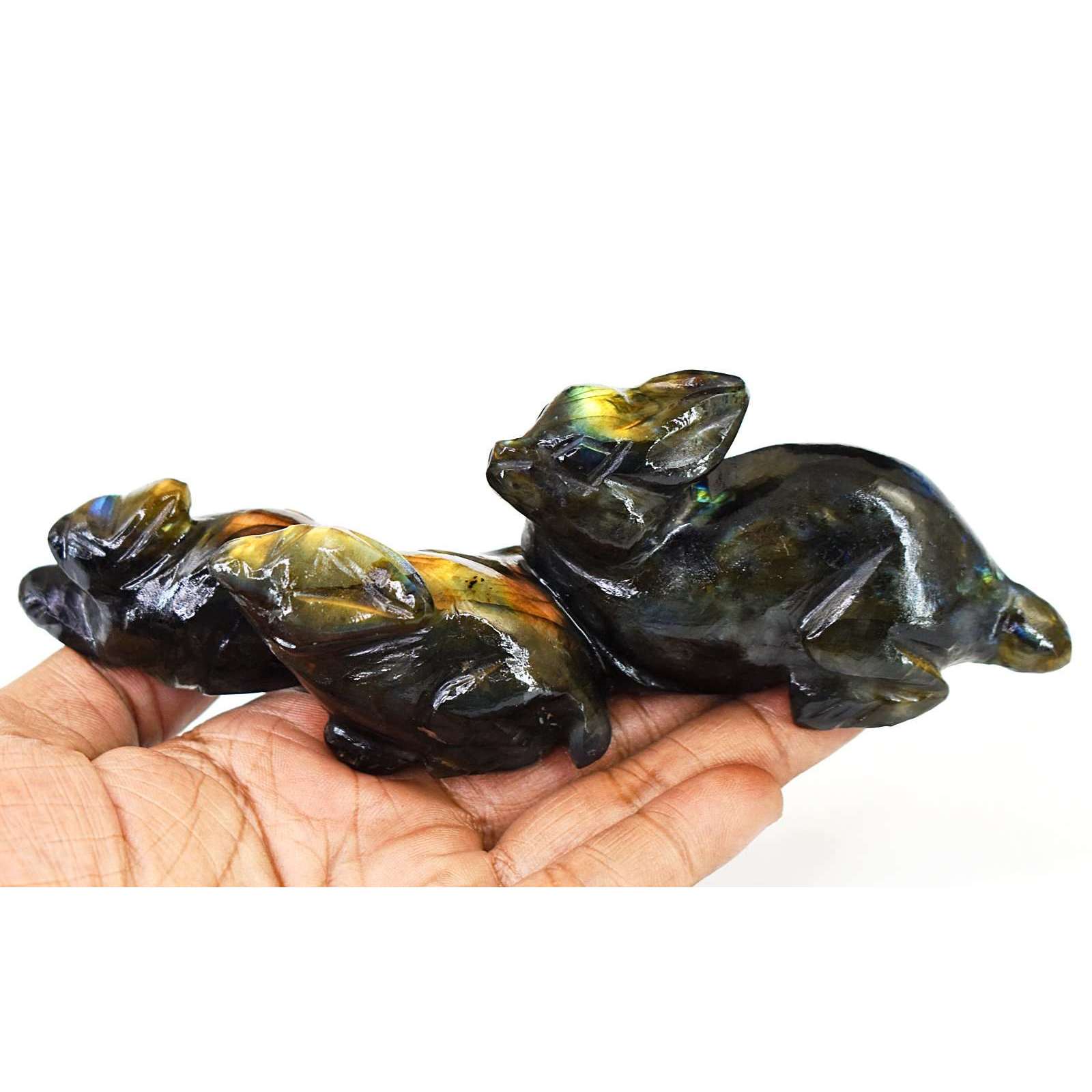 gemsmore:Beautiful Labradorite Hand Carved Bunny Family