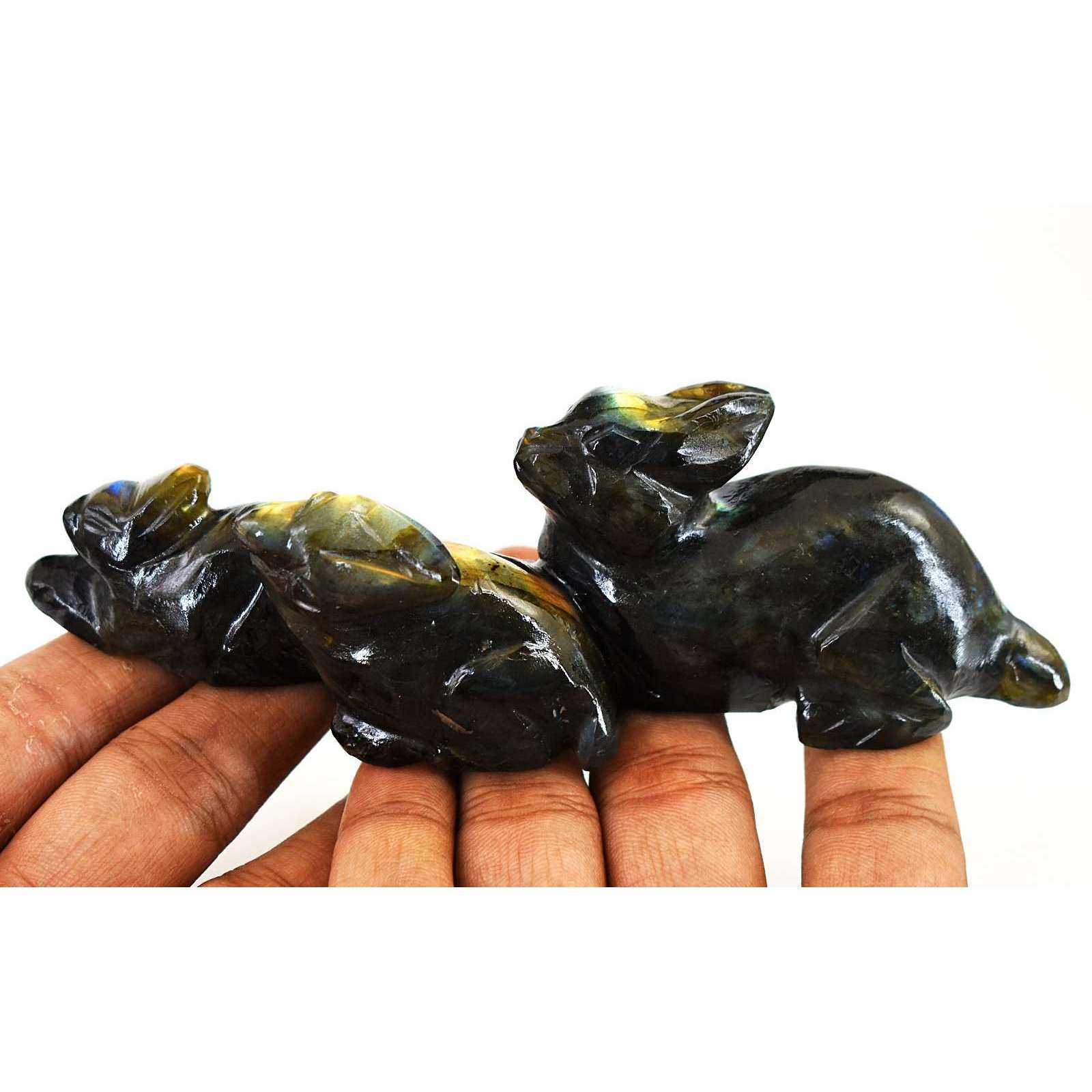 gemsmore:Beautiful Labradorite Hand Carved Bunny Family