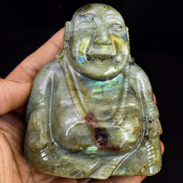 gemsmore:Beautiful Labradorite Hand Carved Genuine Crystal Gemstone Carving Laughing Buddha