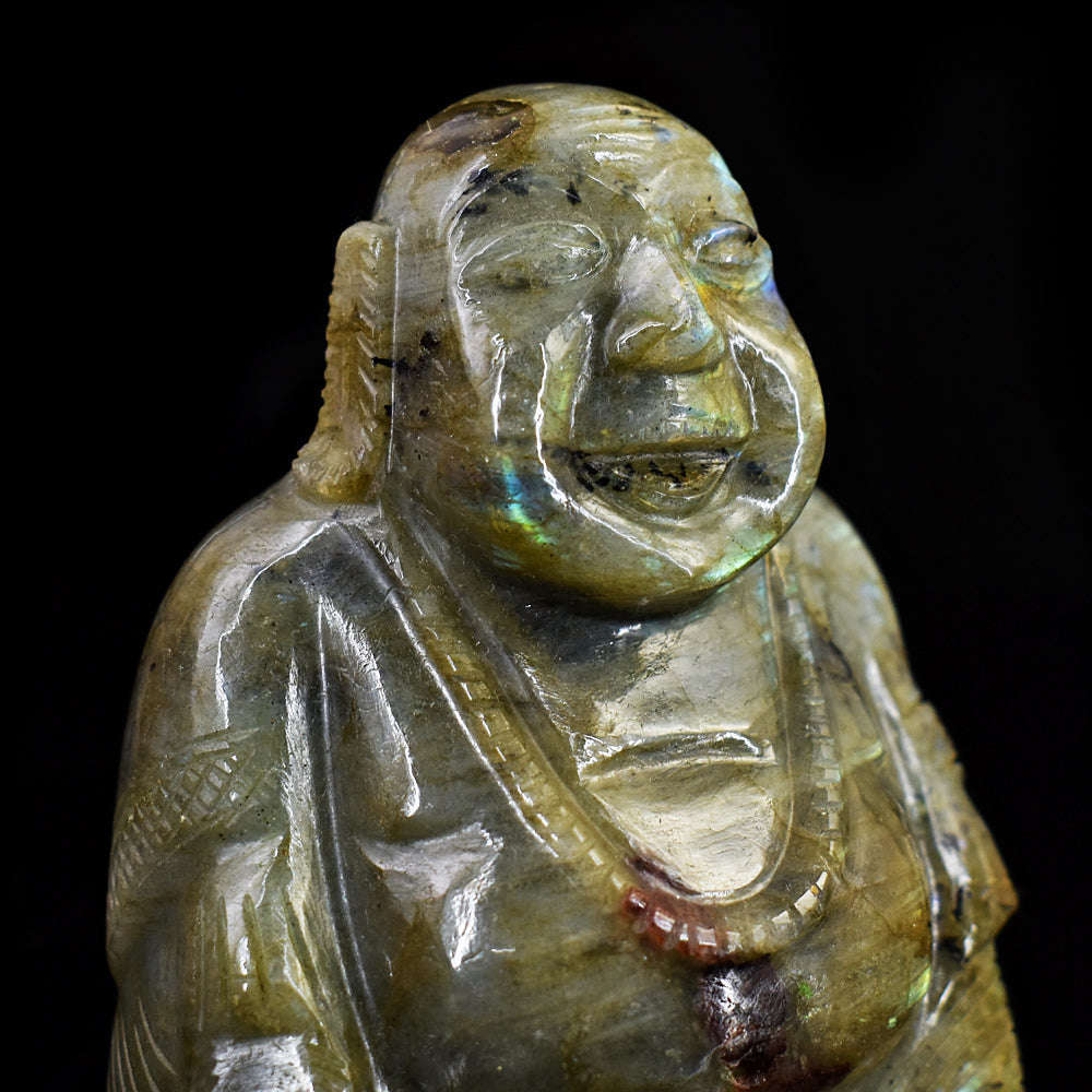 gemsmore:Beautiful Labradorite Hand Carved Genuine Crystal Gemstone Carving Laughing Buddha