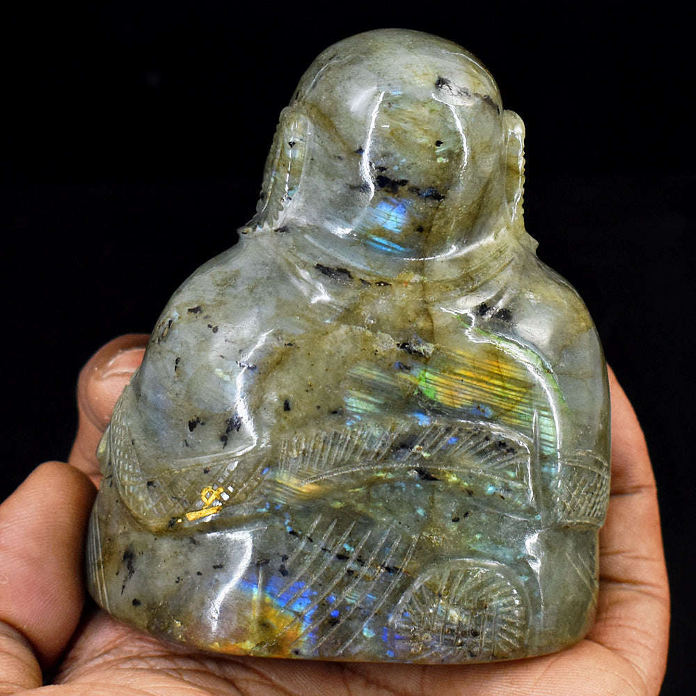gemsmore:Beautiful Labradorite Hand Carved Genuine Crystal Gemstone Carving Laughing Buddha