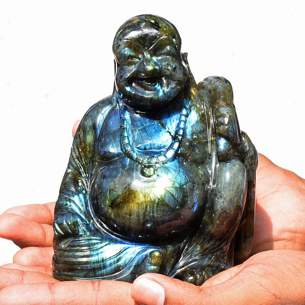 gemsmore:Beautiful Labradorite Hand Carved Genuine Crystal Gemstone Carving Laughing Buddha