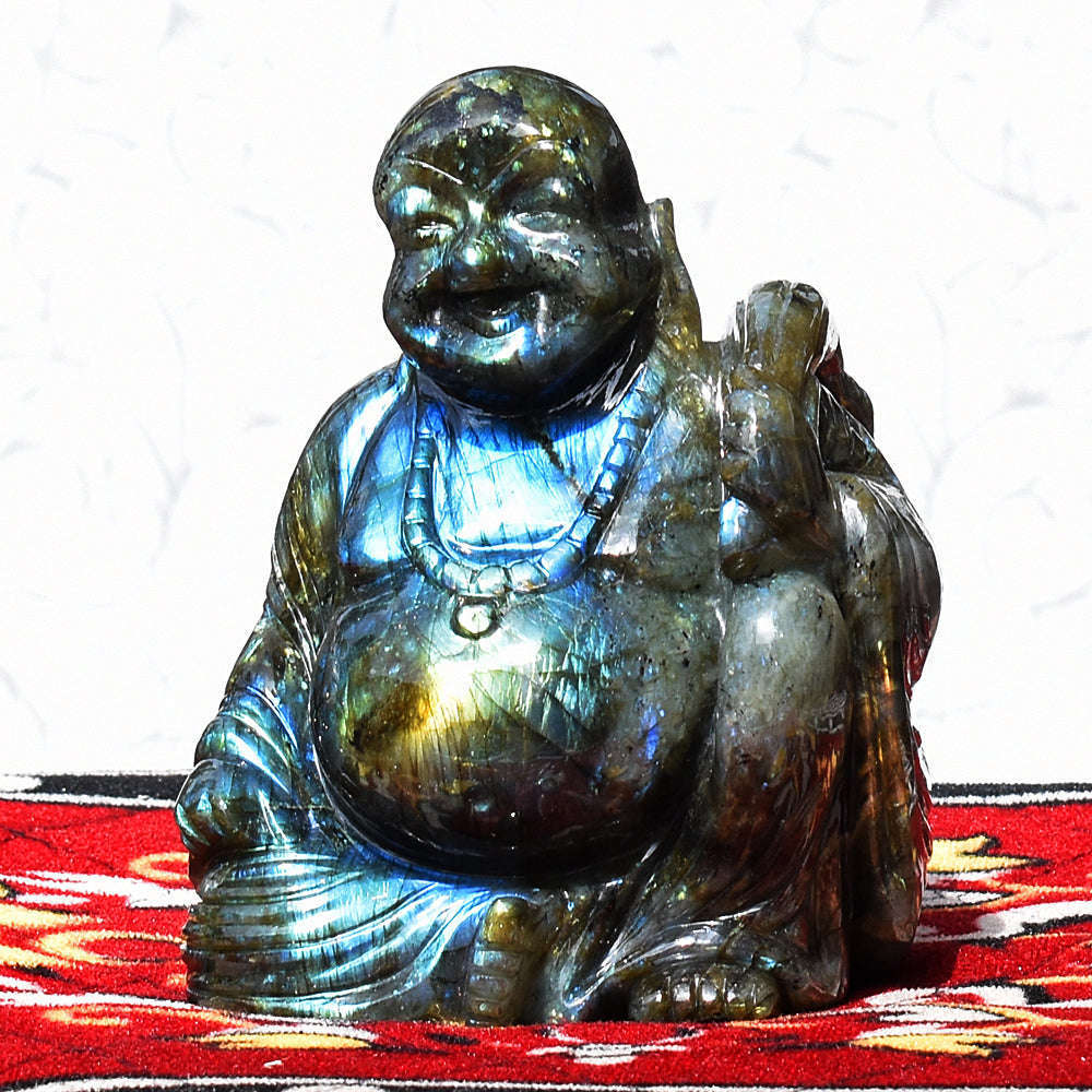 gemsmore:Beautiful Labradorite Hand Carved Genuine Crystal Gemstone Carving Laughing Buddha