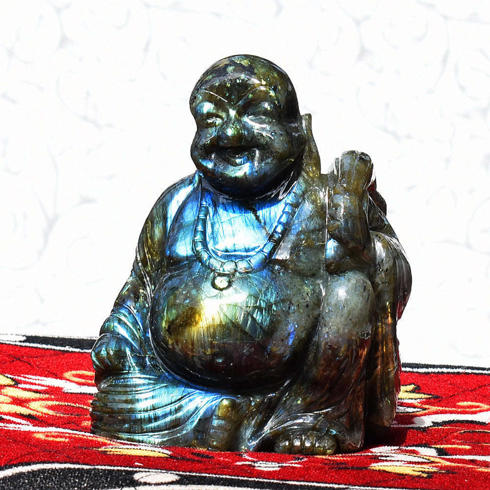 gemsmore:Beautiful Labradorite Hand Carved Genuine Crystal Gemstone Carving Laughing Buddha