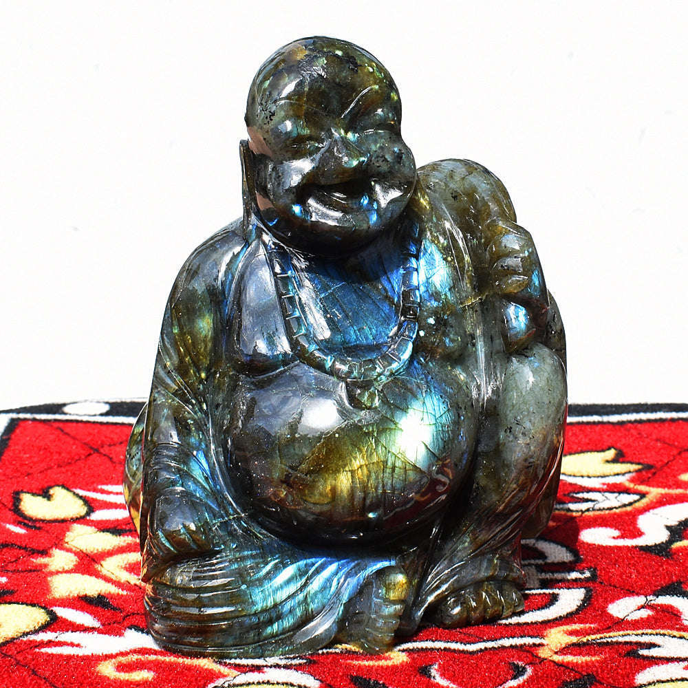 gemsmore:Beautiful Labradorite Hand Carved Genuine Crystal Gemstone Carving Laughing Buddha