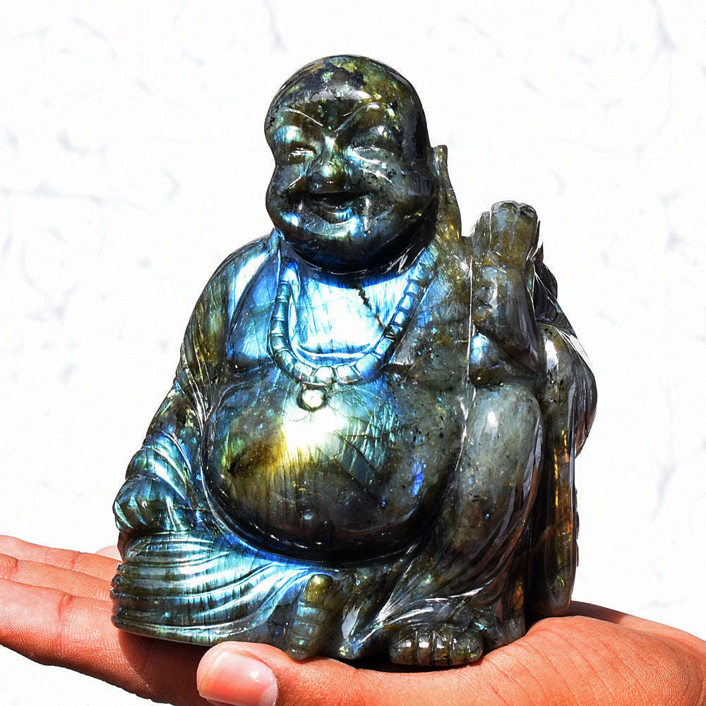 gemsmore:Beautiful Labradorite Hand Carved Genuine Crystal Gemstone Carving Laughing Buddha