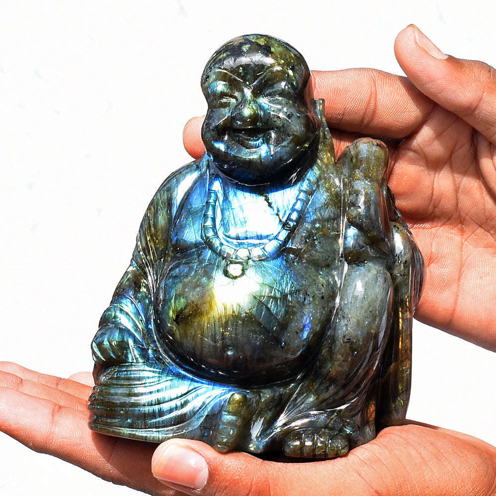 gemsmore:Beautiful Labradorite Hand Carved Genuine Crystal Gemstone Carving Laughing Buddha