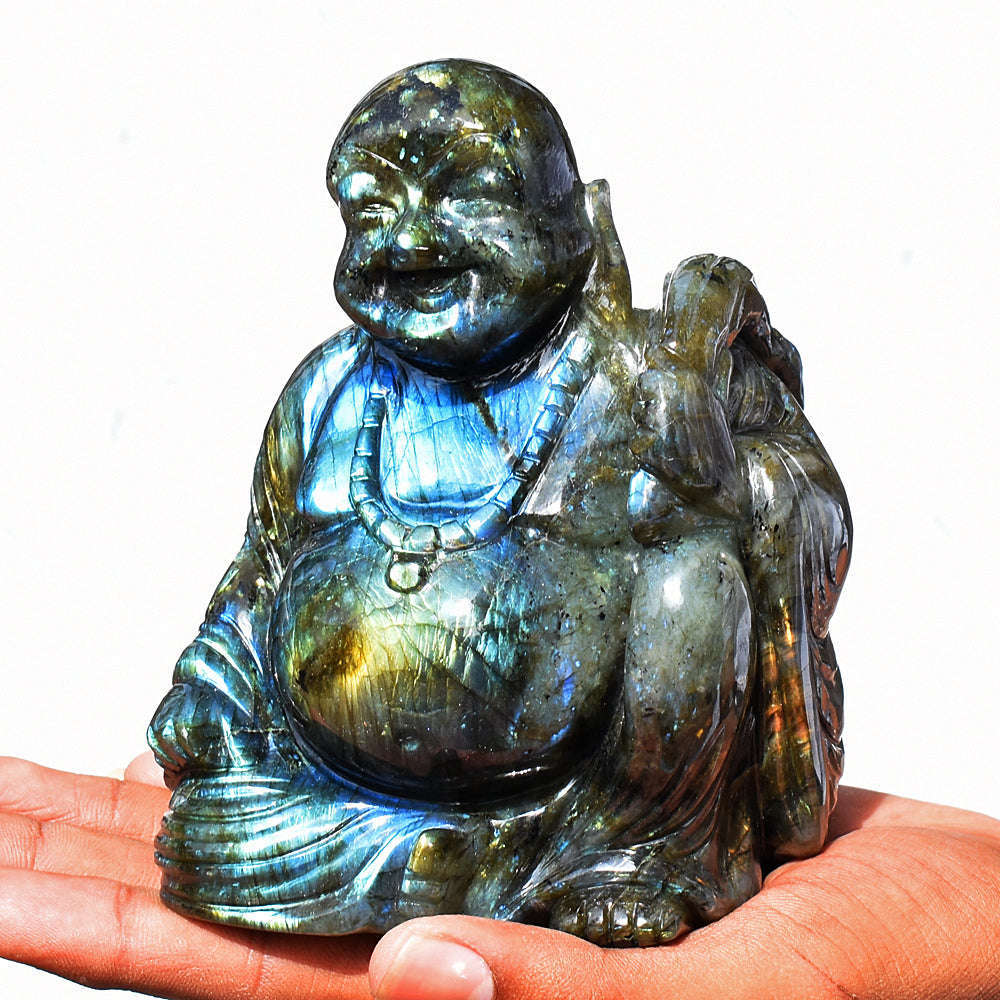 gemsmore:Beautiful Labradorite Hand Carved Genuine Crystal Gemstone Carving Laughing Buddha