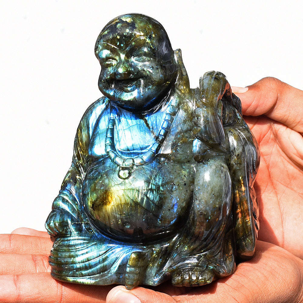 gemsmore:Beautiful Labradorite Hand Carved Genuine Crystal Gemstone Carving Laughing Buddha