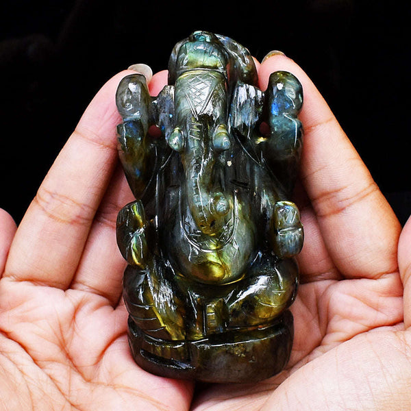 gemsmore:Beautiful Labradorite  Hand Carved Genuine Crystal Gemstone Carving Lord Ganesha