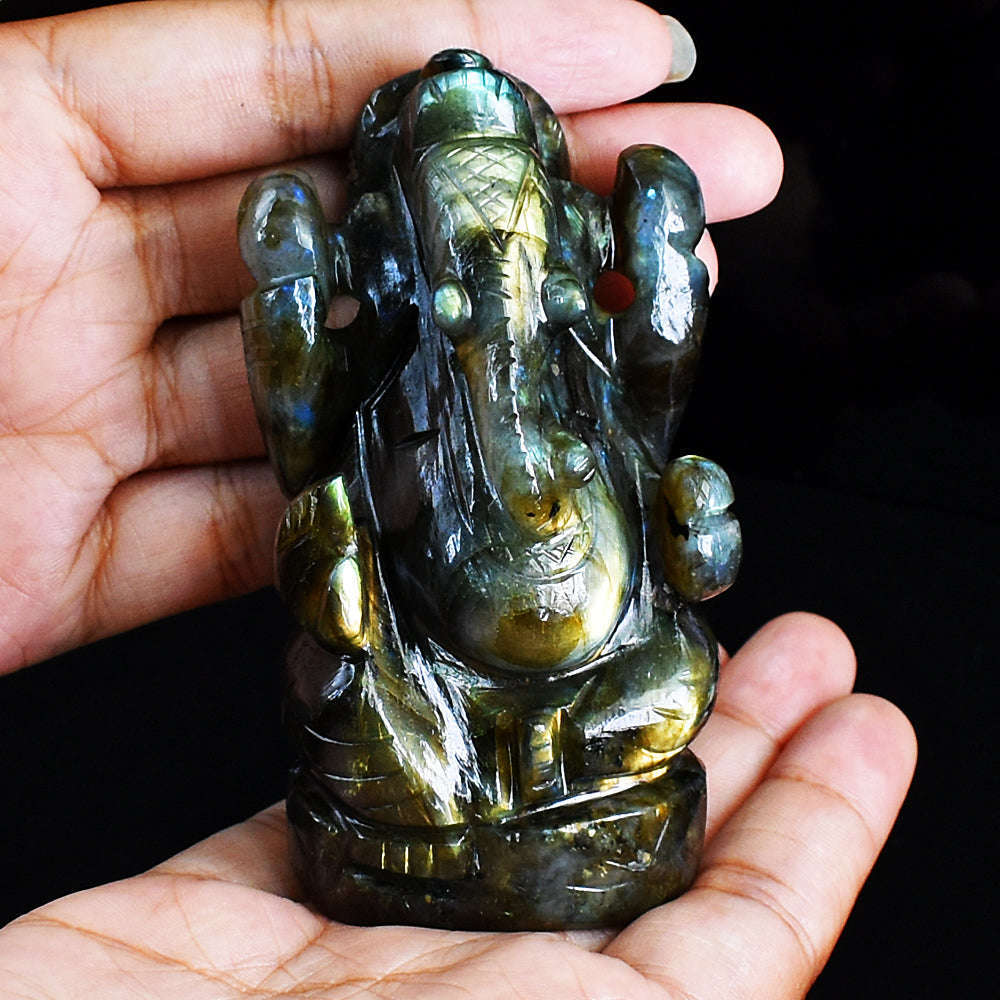 gemsmore:Beautiful Labradorite  Hand Carved Genuine Crystal Gemstone Carving Lord Ganesha