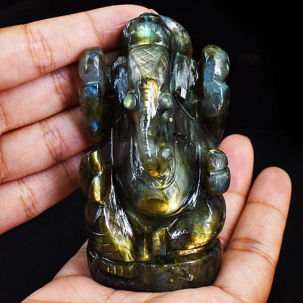 gemsmore:Beautiful Labradorite  Hand Carved Genuine Crystal Gemstone Carving Lord Ganesha