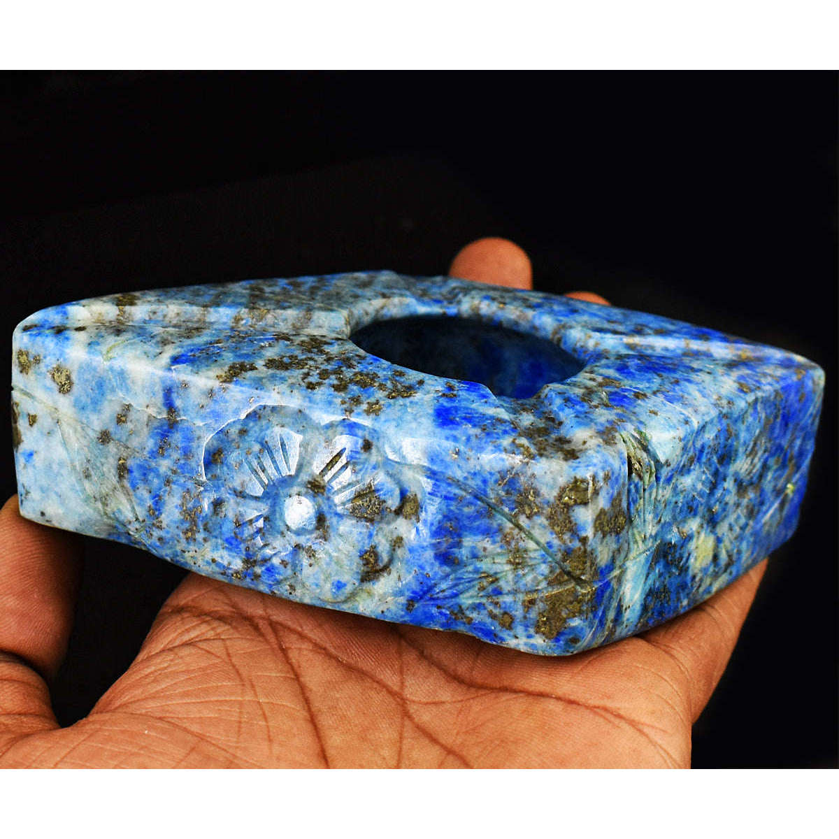 gemsmore:Beautiful  Lapis Lazuli Hand Carved Genuine Crystal Gemstone Carving Ash Trey