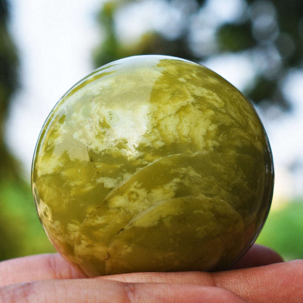 gemsmore:Beautiful  Lemon Chrysoprase Crystal Hand Carved Healing Sphere