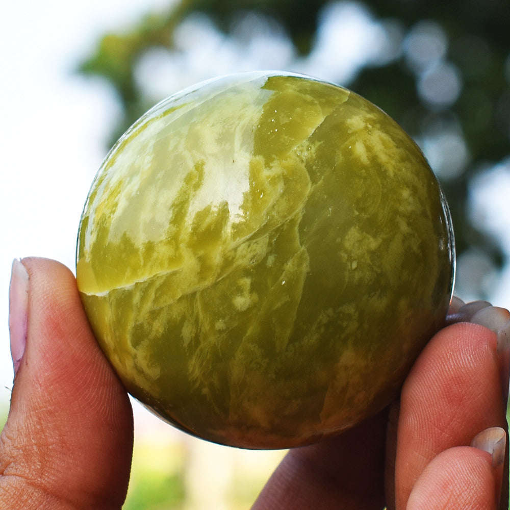 gemsmore:Beautiful  Lemon Chrysoprase Crystal Hand Carved Healing Sphere