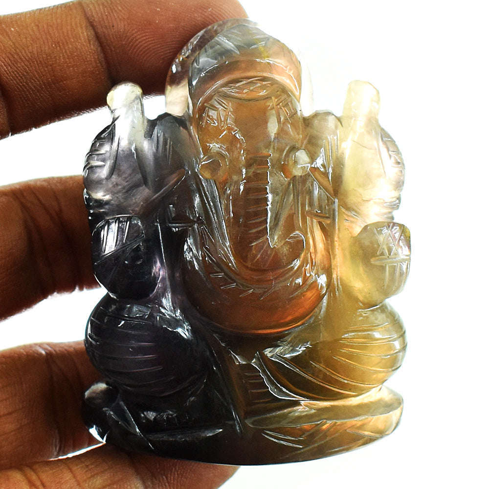 gemsmore:Beautiful Multicolor Fluorite Hand Carved Genuine Crystal Gemstone Carving Lord Ganesha