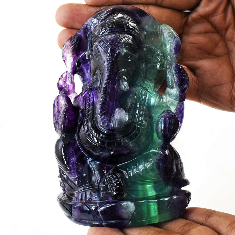 gemsmore:Beautiful Multicolor Fluorite  Hand Carved Genuine Crystal Gemstone Carving Lord Ganesha