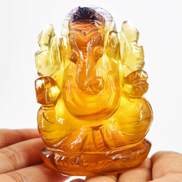 gemsmore:Beautiful Multicolor Fluorite Hand Carved Genuine Crystal Gemstone Carving Lord Ganesha