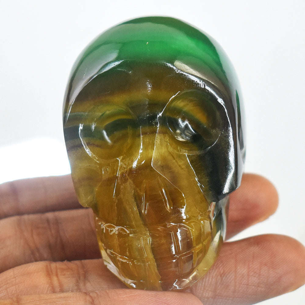 gemsmore:Beautiful Multicolor Fluorite Hand Carved Genuine Crystal Gemstone Carving Skull