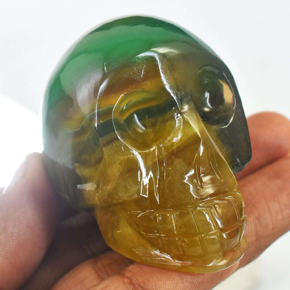 gemsmore:Beautiful Multicolor Fluorite Hand Carved Genuine Crystal Gemstone Carving Skull