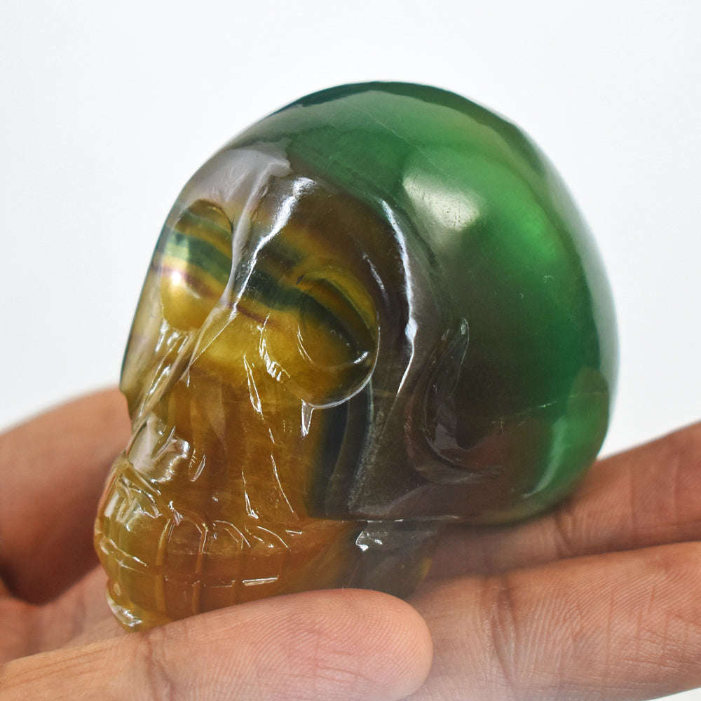 gemsmore:Beautiful Multicolor Fluorite Hand Carved Genuine Crystal Gemstone Carving Skull