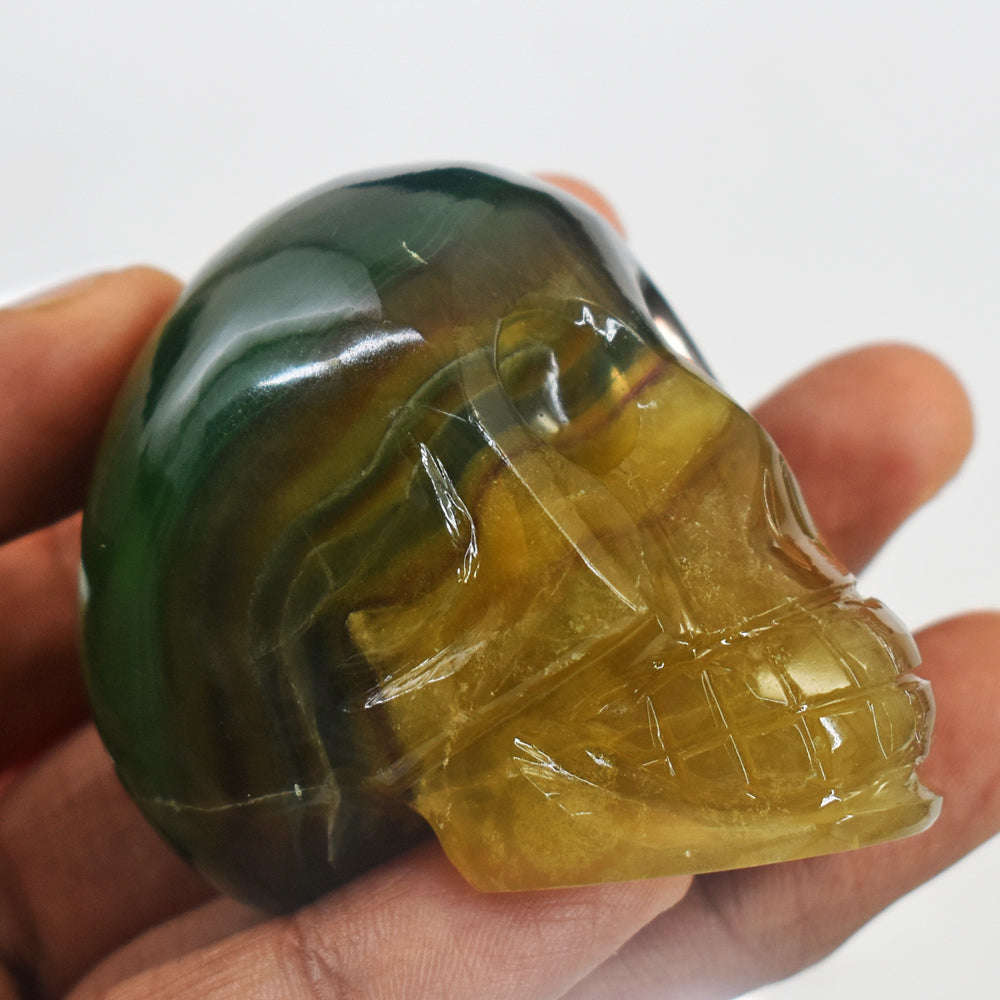 gemsmore:Beautiful Multicolor Fluorite Hand Carved Genuine Crystal Gemstone Carving Skull