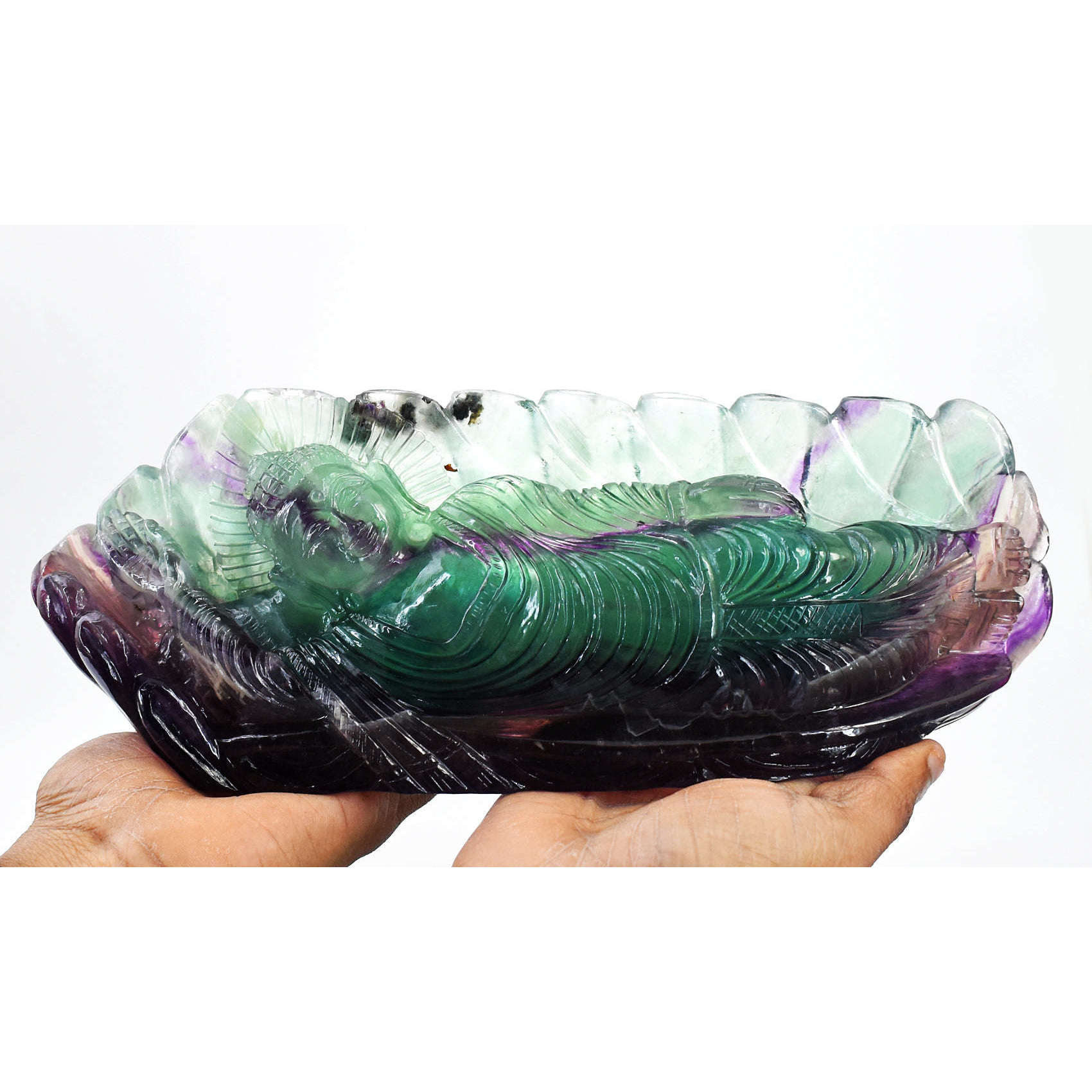 gemsmore:Beautiful Multicolor Fluorite Hand Carved Genuine Crystal Gemstone Carving Sleeping Lord Buddha