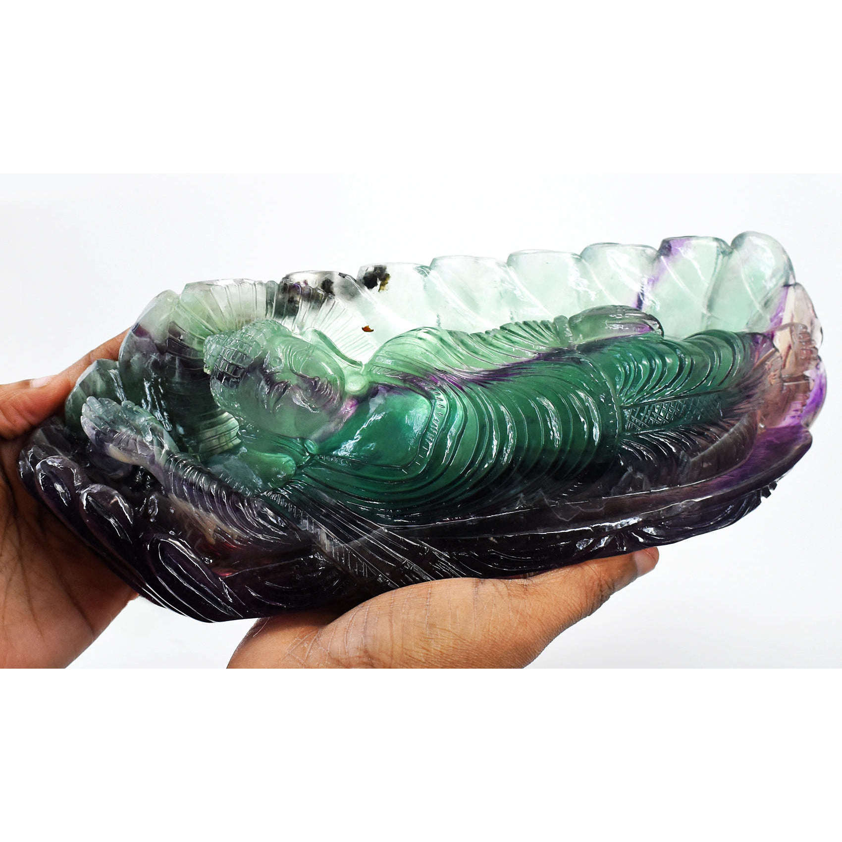 gemsmore:Beautiful Multicolor Fluorite Hand Carved Genuine Crystal Gemstone Carving Sleeping Lord Buddha