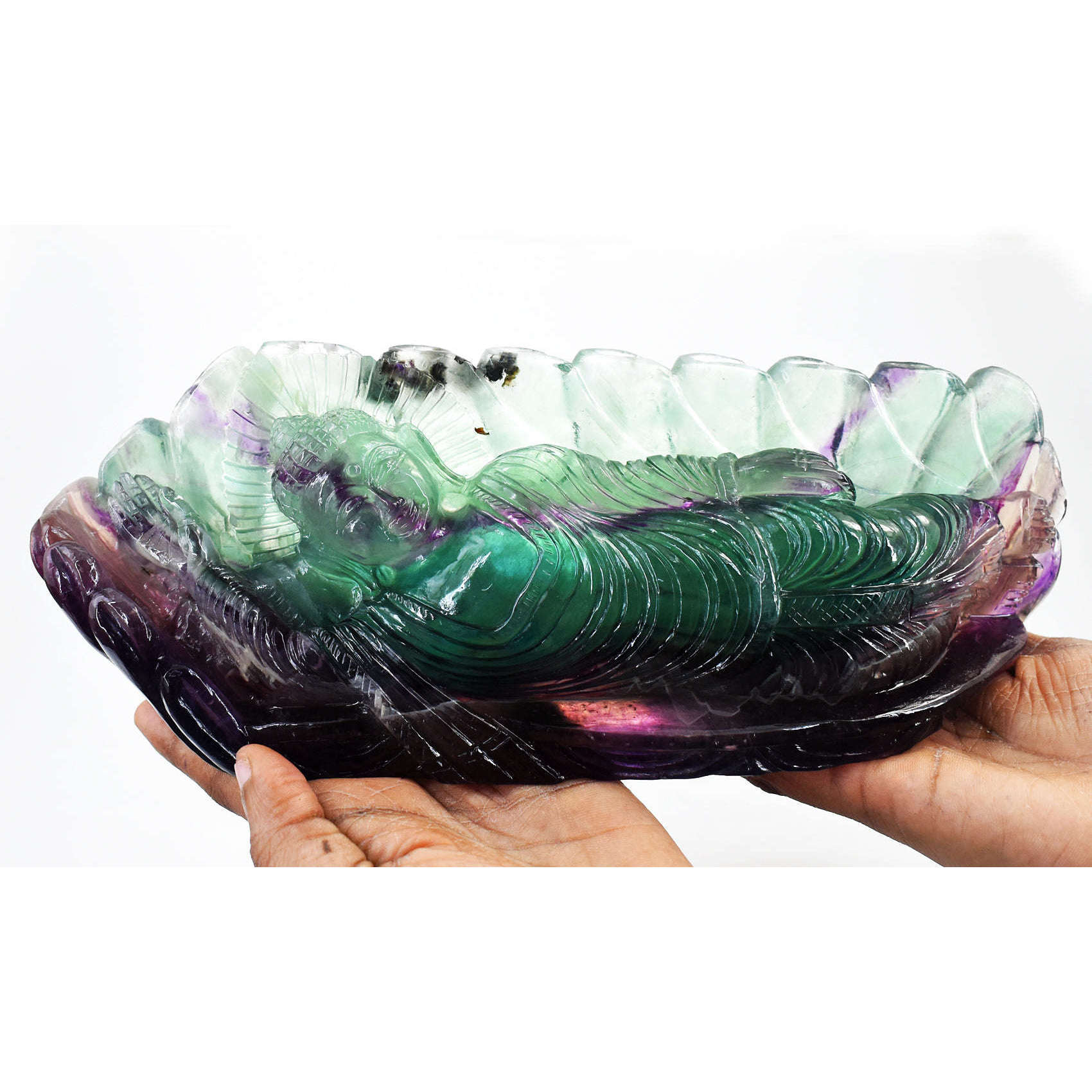 gemsmore:Beautiful Multicolor Fluorite Hand Carved Genuine Crystal Gemstone Carving Sleeping Lord Buddha