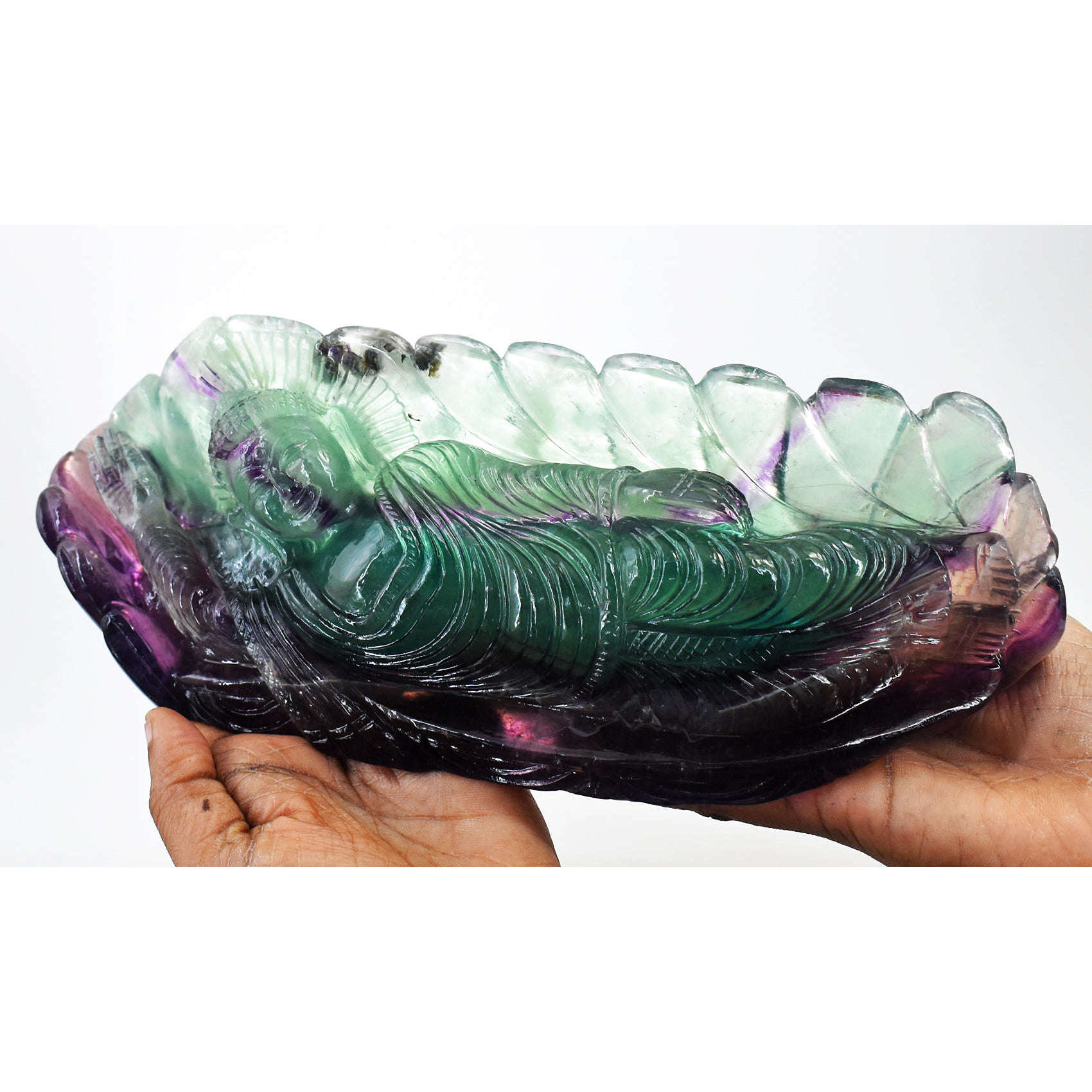 gemsmore:Beautiful Multicolor Fluorite Hand Carved Genuine Crystal Gemstone Carving Sleeping Lord Buddha