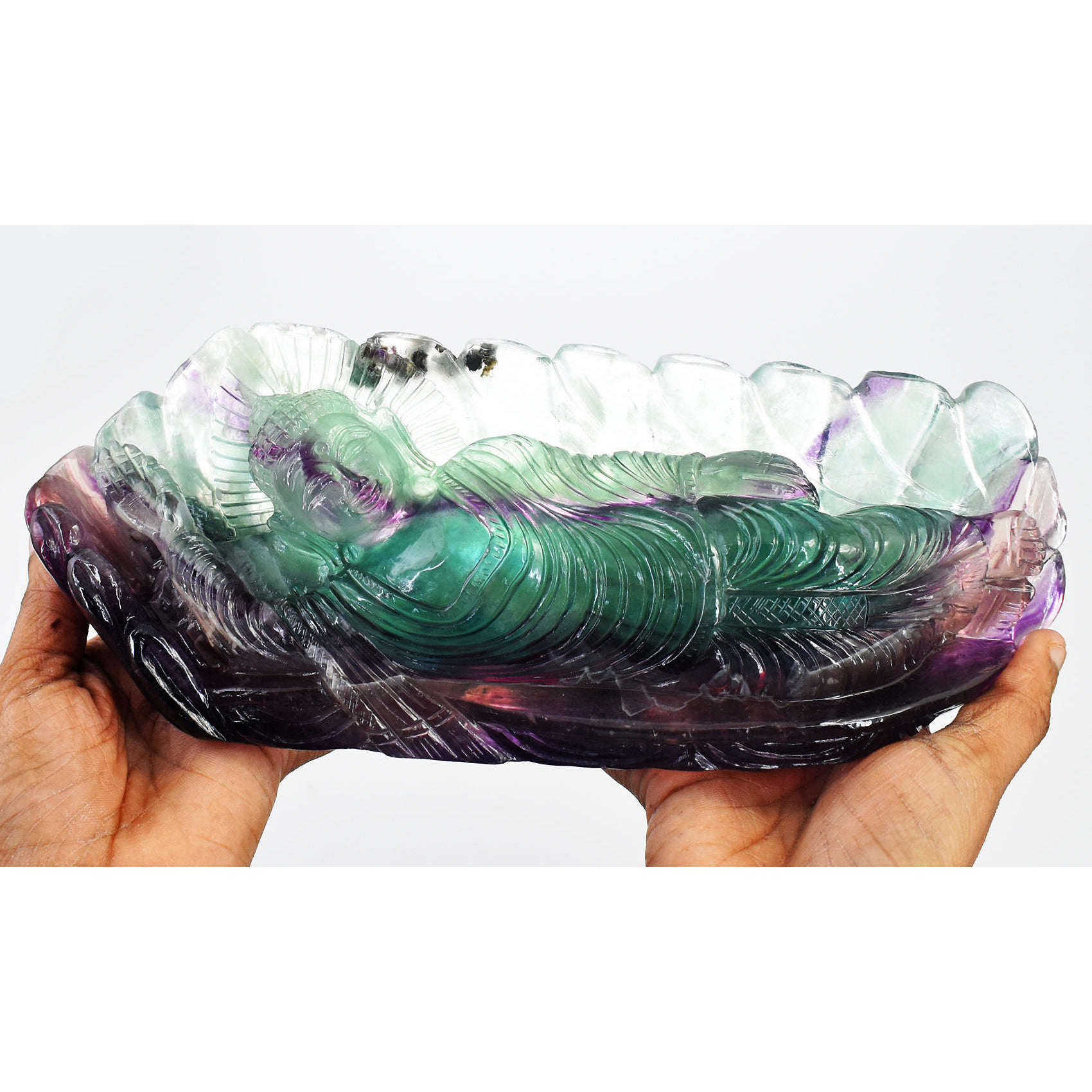 gemsmore:Beautiful Multicolor Fluorite Hand Carved Genuine Crystal Gemstone Carving Sleeping Lord Buddha