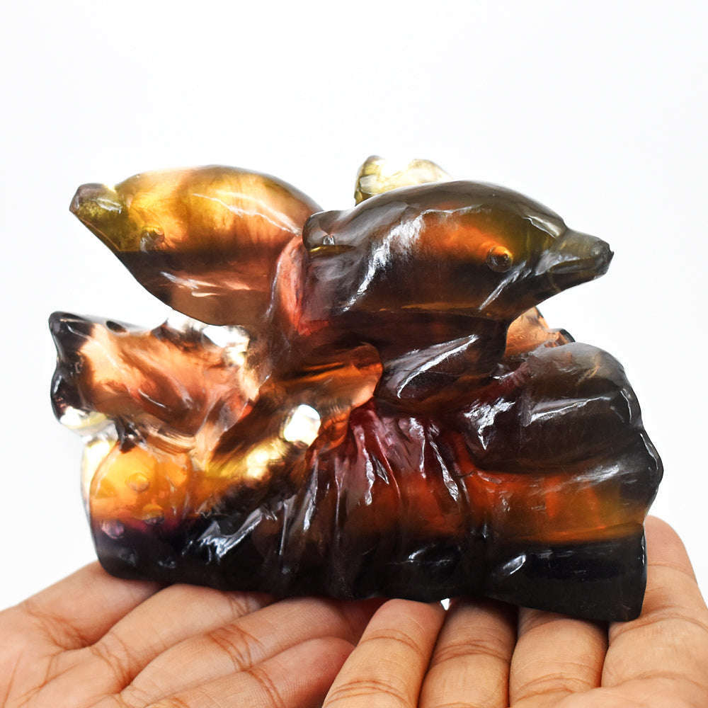 gemsmore:Beautiful Multicolor Fluorite Hand Carved Genuine Crystal Gemstone Twin Dolphin Carving