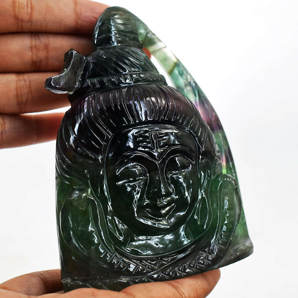 gemsmore:Beautiful  Multicolor Fluorite Hand Carved Lord Shiva Head Carving