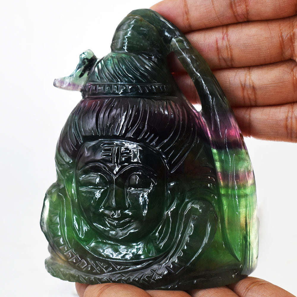 gemsmore:Beautiful  Multicolor Fluorite Hand Carved Lord Shiva Head Carving