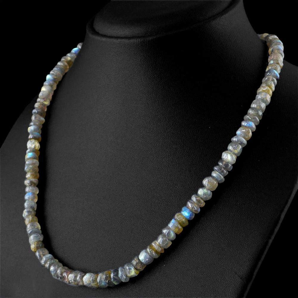 gemsmore:Beautiful Natural Blue Flash Labradorite Necklace Round Shape Beads