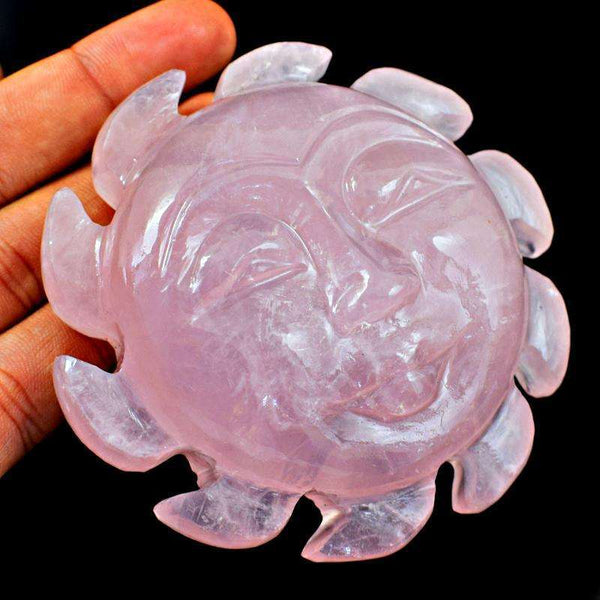 gemsmore:Beautiful Pink Rose Quartz Hand Carved Sun Face