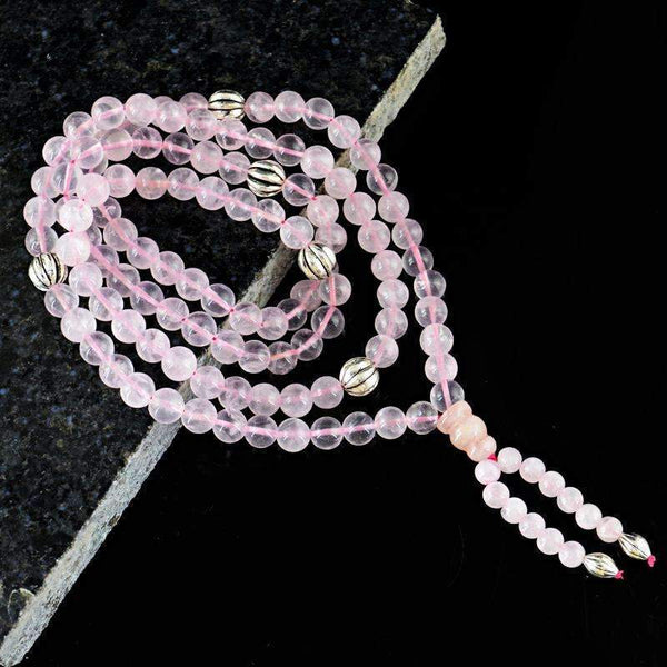 gemsmore:Beautiful Pink Rose Quartz Natural 108 Round Beads Prayer Mala