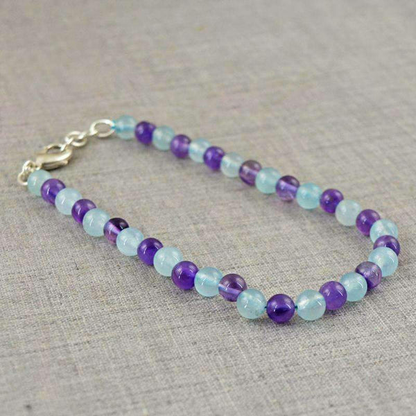 gemsmore:Beautiful Purple Amethyst & Blue Aqumarine Bracelet Natural Round Shape Beads