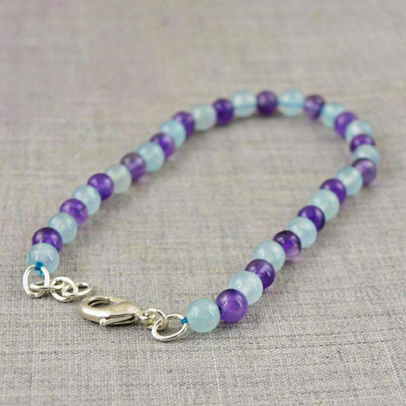 gemsmore:Beautiful Purple Amethyst & Blue Aqumarine Bracelet Natural Round Shape Beads