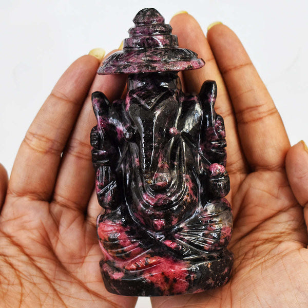 gemsmore:Beautiful  Rhodonite Hand Carved Ganesha With Throne